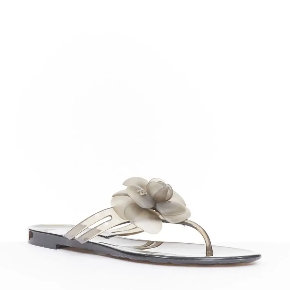 Chanel Grey Clear Camellia Rubber Jelly Sandals